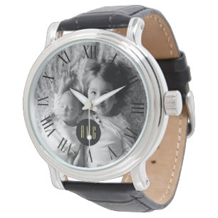 Beställnings- BW för Monogram för familjfoto Armbandsur