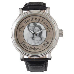 Beställnings- familjfoto och FauxBurlap med text Armbandsur