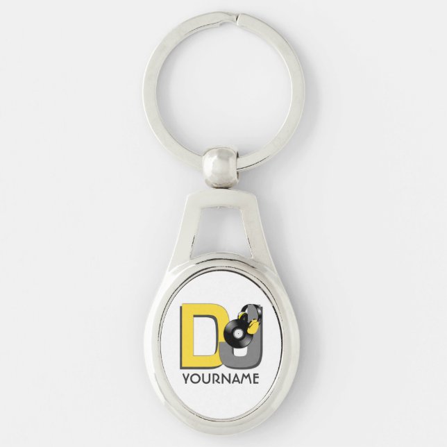 Beställnings- färg- & monogramnyckelring för DJ Ovalt Silverfärgad Nyckelring (Framsidan)
