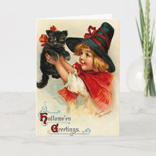 Beställnings- för vintage häxa lite och svartkatt kort