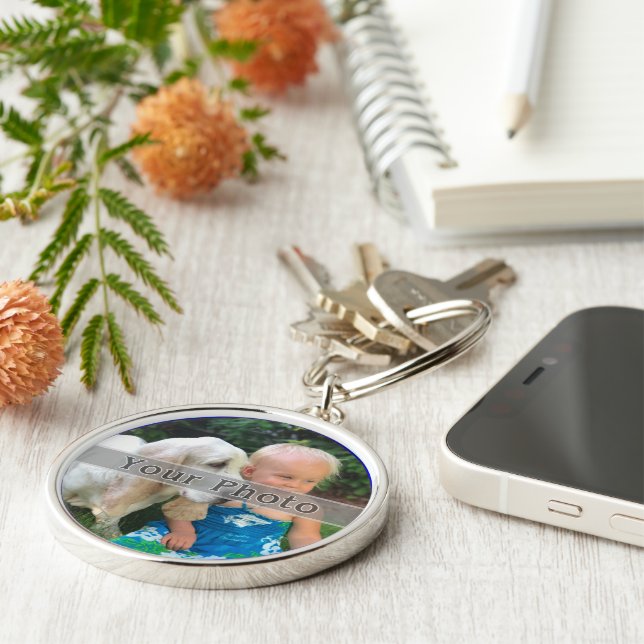 Beställnings- FOTO Keychain. Högvärdigt eller Rund Silverfärgad Nyckelring (Sidan)