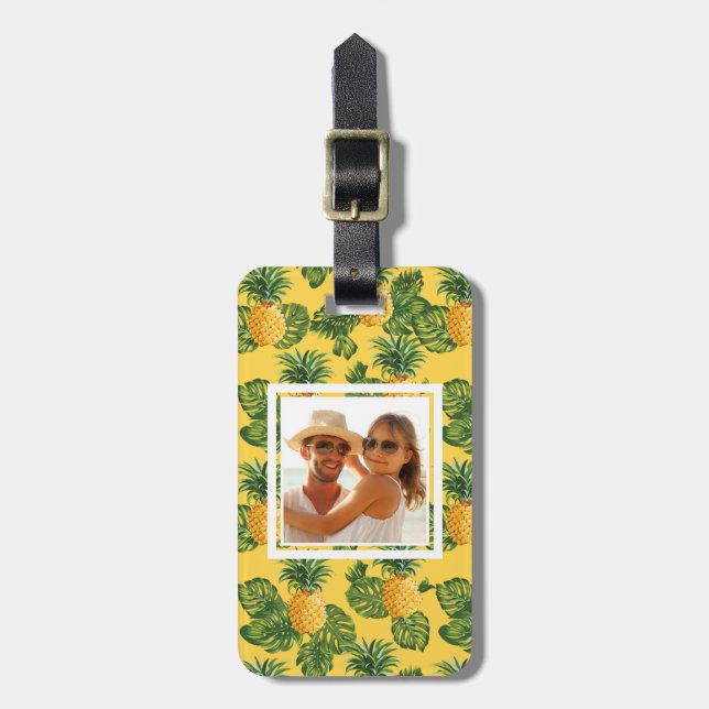Beställnings- fotoananas & tropiska löv på guld bagagebricka (Vertikal Framsida)