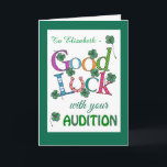 Beställnings- fyrklövert lycka tillprov kort<br><div class="desc">En lycka till med ditt provhälsningkort att personifiera,  med ljust färgad bokstäver,  fyra-löv klöver och en hästsko för tur! En baserad text,  
den digitala designen av Judy Adamson,  kan du tillfoga mottagarenamn till bekläda och ändra det inre meddelandet,  om du önskar.</div>