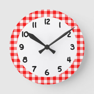 Beställnings- ljus röd Gingham Rund Klocka
