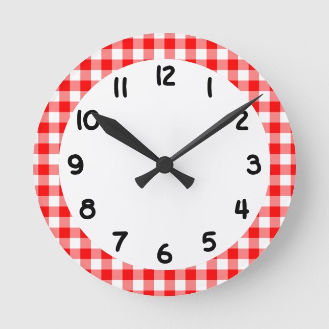 Beställnings- ljus röd Gingham Rund Klocka (Framsida)