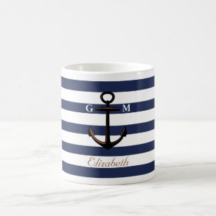 Beställnings- marinblå nautisk mässing ankrar kaffemugg
