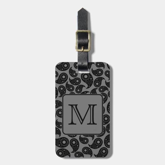 Beställnings- Monogram. Grå och svart Paisley Bagagebricka (Vertikal Framsida)