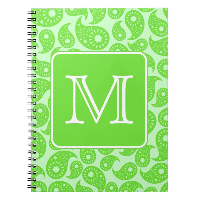 Beställnings- Monogram. Ljust - grön Paisley Anteckningsbok Med Spiral (Framsidan)