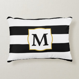 Beställnings- Monogram med svartvita randar Prydnadskudde