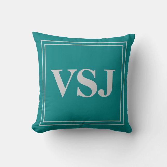Beställnings- Monogram på grått och kricka Kudde (Framsida)