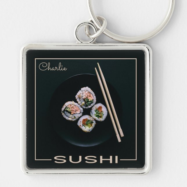Beställnings- monogramnyckelring för Sushi Fyrkantig Silverfärgad Nyckelring (Framsidan)