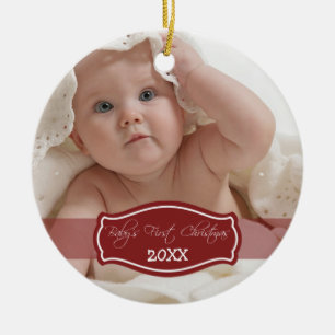 Beställnings- (röda) baby första julprydnad, julgransprydnad keramik
