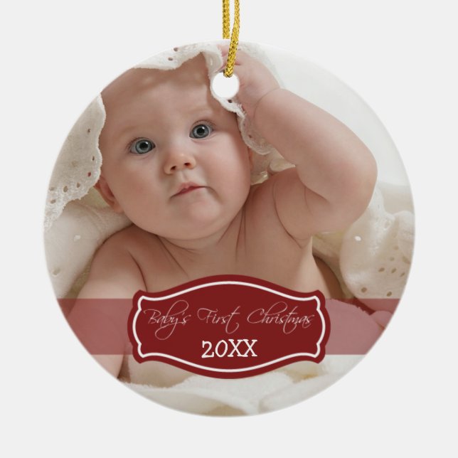 Beställnings- (röda) baby första julprydnad, julgransprydnad keramik (Framsidan)