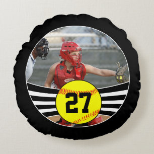 Beställnings- softballfoto och textdekorativ kudd rund kudde
