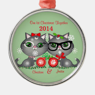 Beställnings- textkattungepars första jul julgransprydnad metall