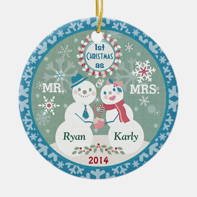 Beställnings- textsnögubbepars första jul julgransprydnad keramik (Framsidan)