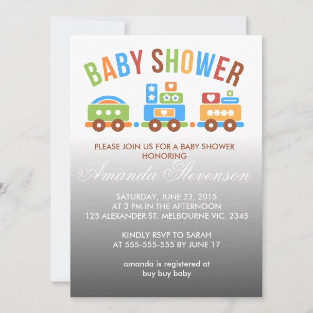 Beställnings- transporttågbaby shower inbjudningar (Framsida)