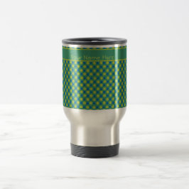 Beställnings- travel mug-, blått- och gröntpolka resemugg