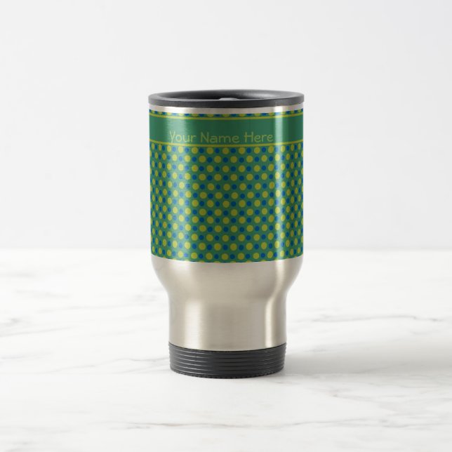 Beställnings- travel mug-, blått- och gröntpolka resemugg (Center)