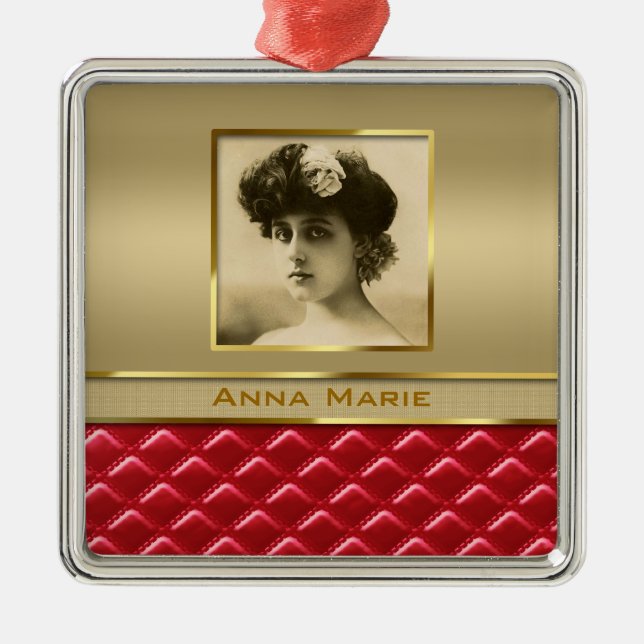 Beställnings- vadderat rött läder för fotoramFaux Julgransprydnad Metall (Framsidan)