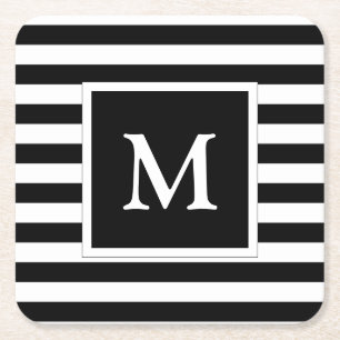 Beställnings- vitMonogram med svartvita randar Underlägg Papper Kvadrat
