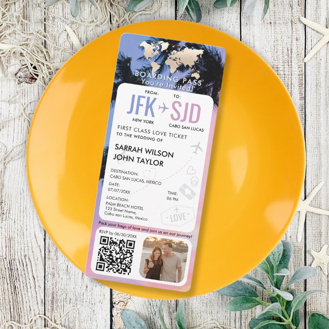 Bestämmelseort för Tropical Beach Boarding Pass Bi Inbjudningar (modern vertical boarding pass wedding invitation with tropical beach background IN PINK AND BLUE)