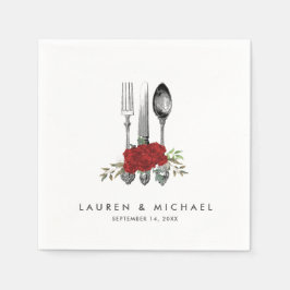 bestick röd ros blommigt greenery bröllop napkins pappersservett