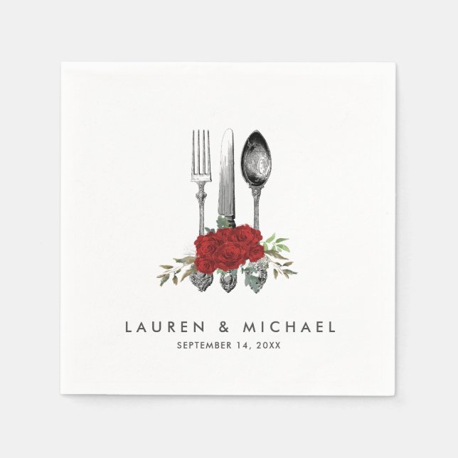 bestick röd ros blommigt greenery bröllop napkins pappersservett (Framsidan)
