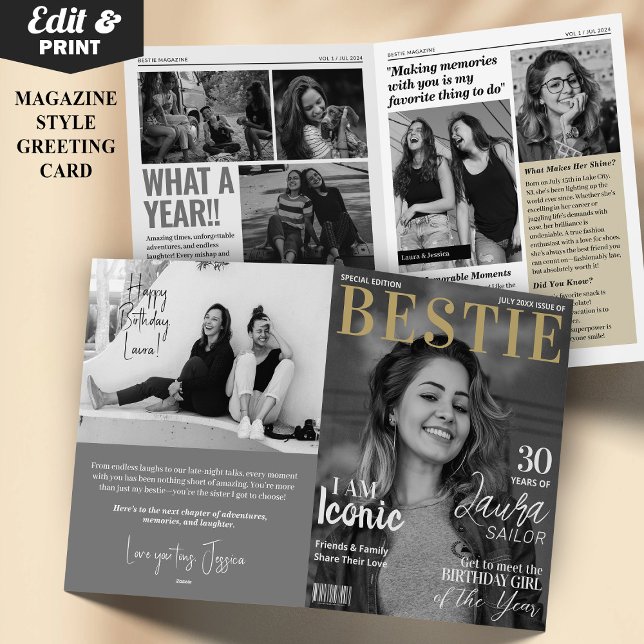 Bestie Anpassningsbar Birthday Magazine Greeting C Kort (Bestie Custom Birthday Magazine Greeting Card, Modern Birthday Card with Photos)