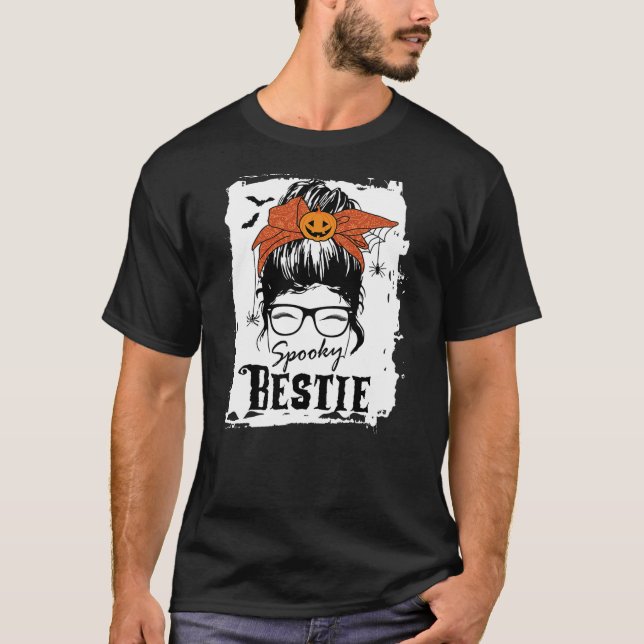 Bestie bff Halloween Spooky Spider Messy Bun Hair  T Shirt (Framsida)