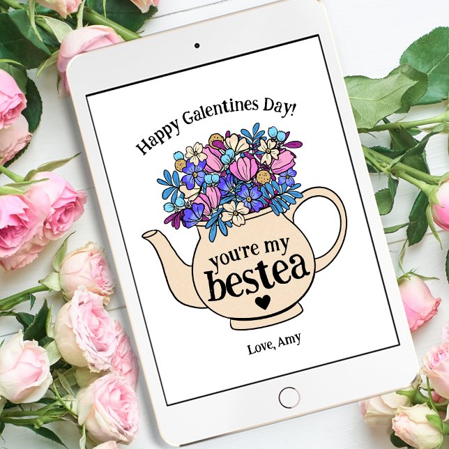 Bestie Blommigt Tekanna Galentine's Day Valentine Julkort (Skapare uppladdad)