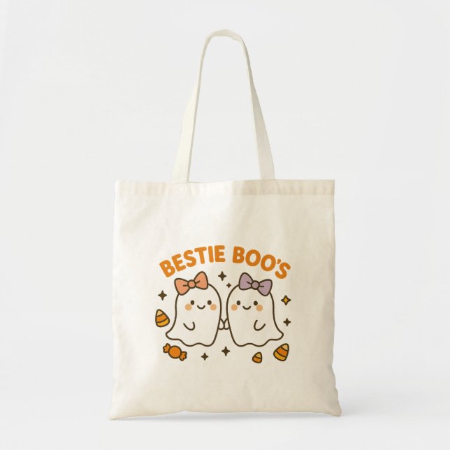 Bestie Boos Halloween Tote Bag - Cute Bow & Candy Tygkasse (Framsidan)