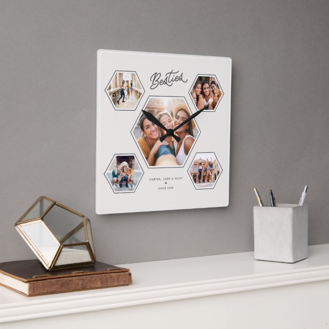 Besties 5 Photo Custom Collage Script Keepsake Fyrkantig Klocka (Kontor)