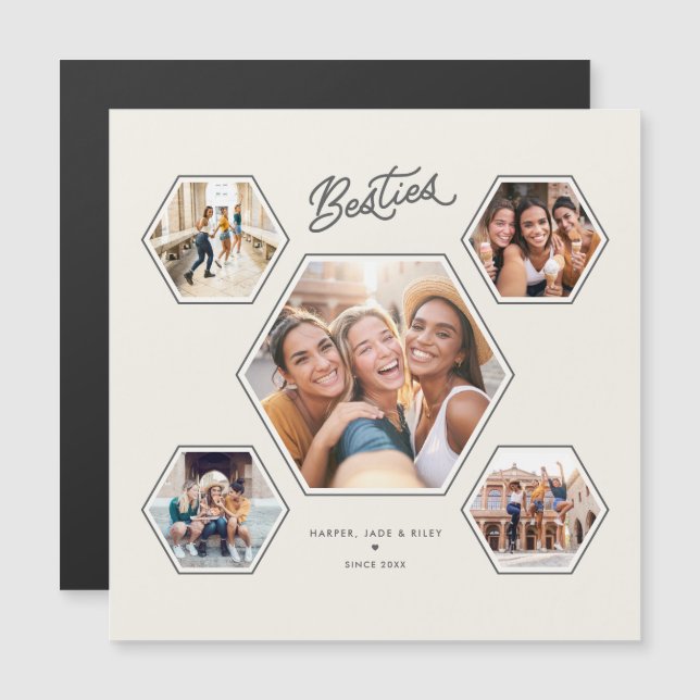 Besties 5 Photo Custom Collage Script Magnet (Fram/baksida)