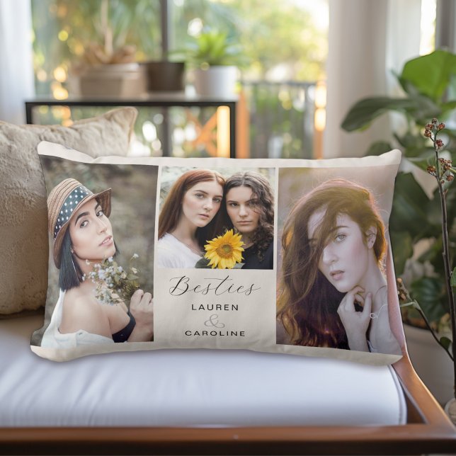 Besties Best Friends Modern Photo Collage Lumbarkudde (Personalize with your favorite photos and your names for a treasured keepsake!)