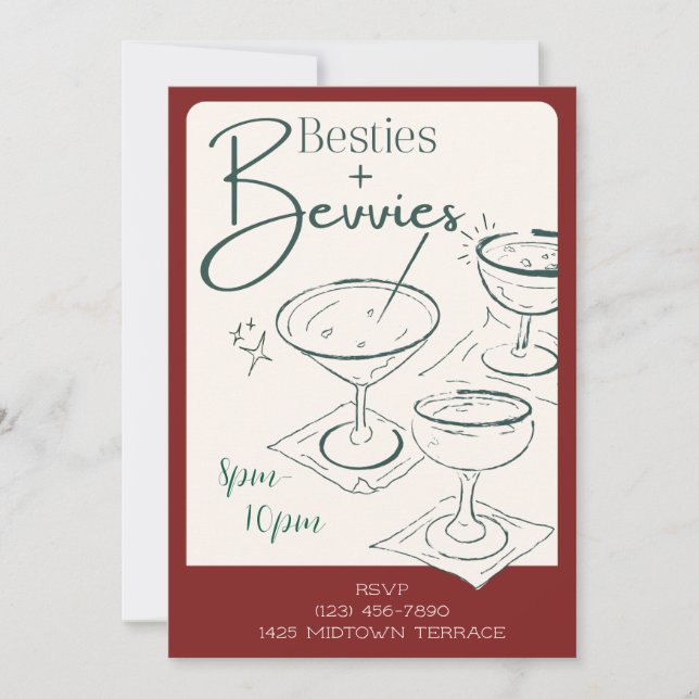 Besties + Bevvies Cocktail Party Invitation Inbjudningar (Framsida)