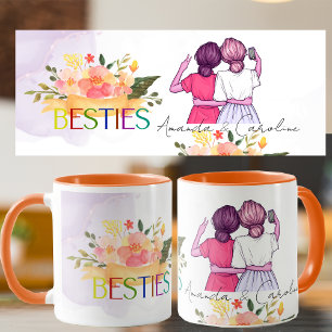 Besties BFF Cute Illustration Blommigt Best Friend Mugg