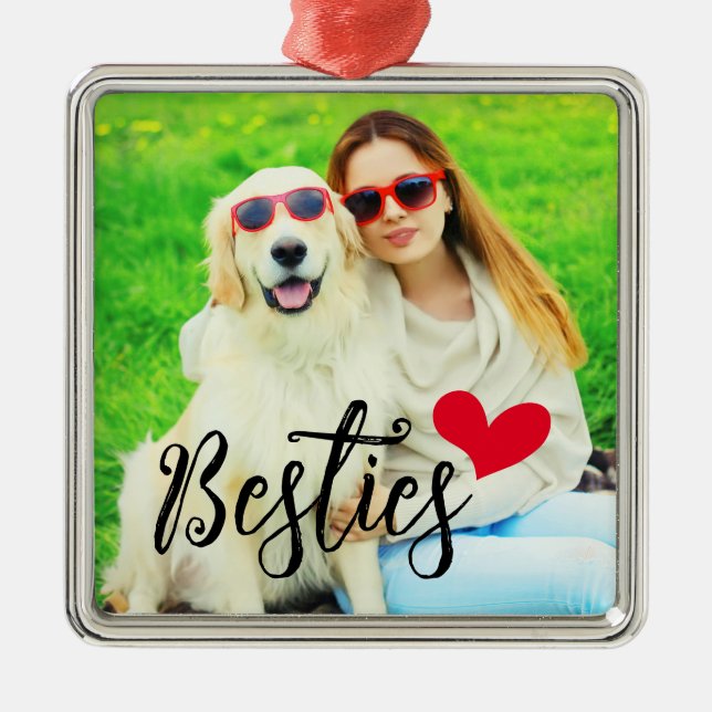 Besties Cute Hund Red Heart Photo Julgransprydnad Metall (Framsidan)