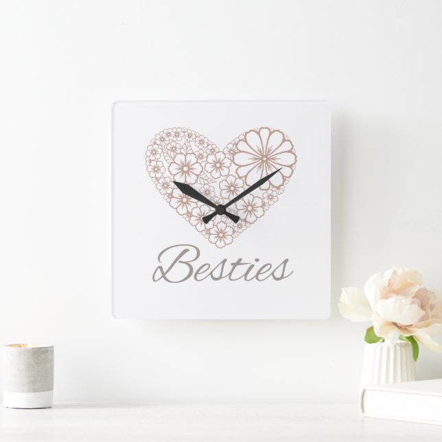 Besties Floral Neutral Heart, Friendship Gift Fyrkantig Klocka (Hem)