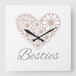Besties Floral Neutral Heart, Friendship Gift Fyrkantig Klocka