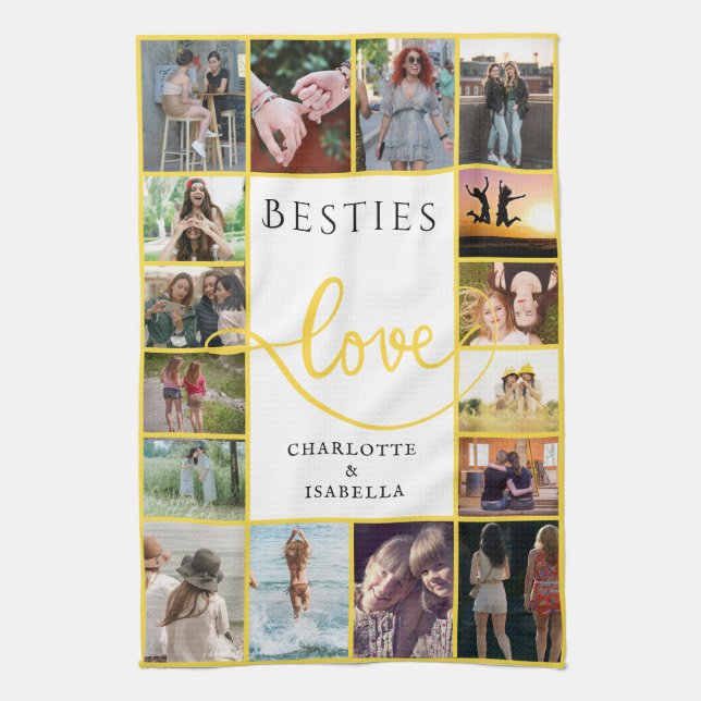 Besties Forever 16-Photo Collage med namn Kökshandduk (Vertikal)