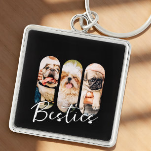 Besties Pet Simple Modern Play Three Photo Fyrkantig Silverfärgad Nyckelring