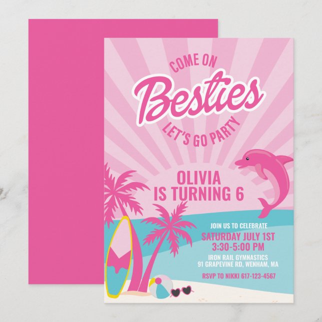 Besties rosa malibu strandfödelseår inbjudningar (Fram/baksida)
