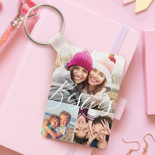 Besties Script 3 Photo Best Friends Collage BFFs Nyckelring (Besties Script 3 Photo Best Friends Collage BFFs Keychain)