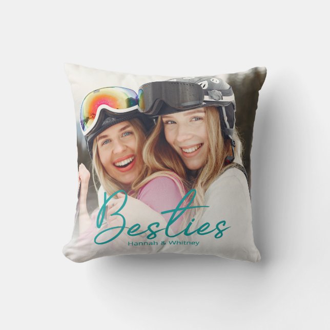 Besties Teal Script Anpassningsbar Photo Dekorativ Kudde (Framsida)