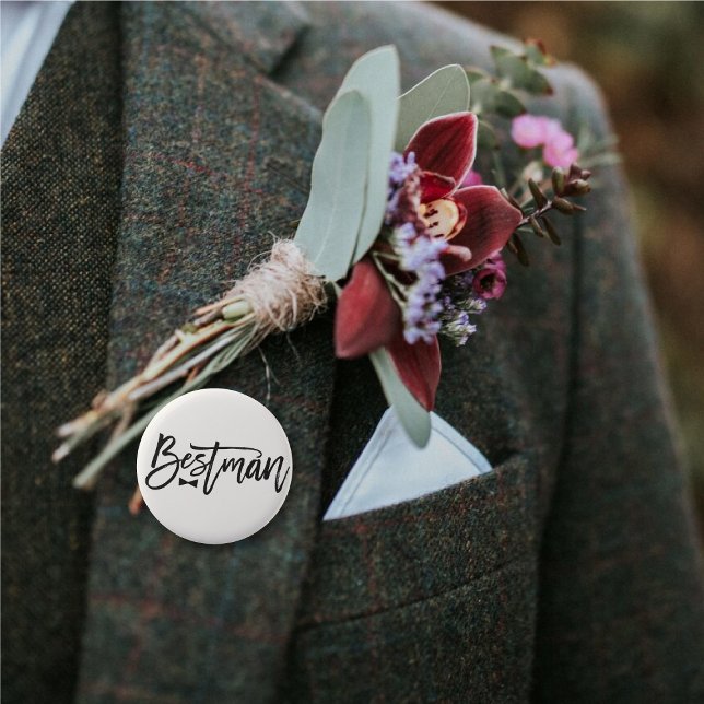 Bestman Black Push Script Bow Tie Bröllopsfest Knapp ('Bestman' Bow Tie Black Brush Script Calligraphy Wedding Rehearsal Pin Button @ fatfatin_blue_knot)