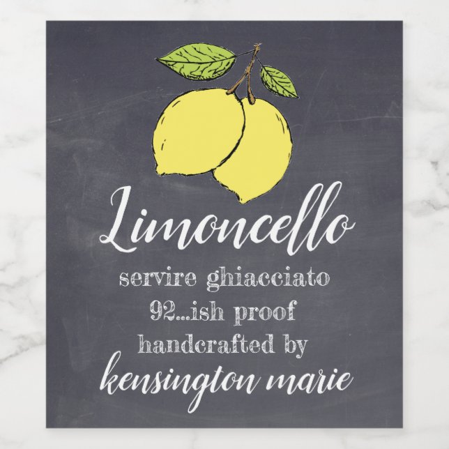 Bestruket Limoncello-kalkboard-utseende Tall Flask Vinflaska Etikett (Singel etikett)