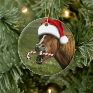 Besynt julhäst med jultomteleende julgransprydnad keramik