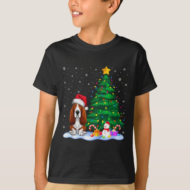 Bet Hound Dog Xmas Tree Lights Reindeer Hat Christ T Shirt (Framsida)