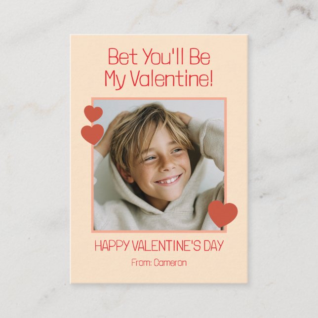 Bet You'll Be My Valentine Kids Classroom Photo Anteckningskort (Framsida)